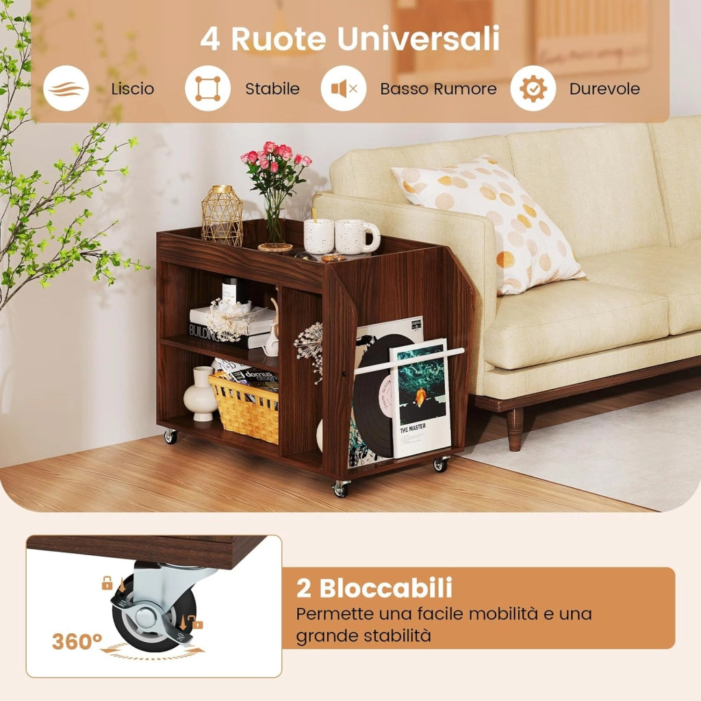 Tavolino da Salotto a 3 Ripiani con Ruote, Tavolino Caffè Laterale in Legno per Soggiono e Studio, Mobile Porta Stampante per Casa e Ufficio, 76 x 39,5 x 55 cm, Noce