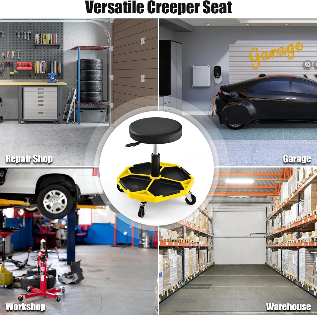 SOARS Sgabello rotelle, seduta ergonomica regolabile in altezza 41-55 cm, sgabello con vassoio magnetico rimovibile per riporre attrezzi, carico massimo 150 kg, per officina, garage (giallo)