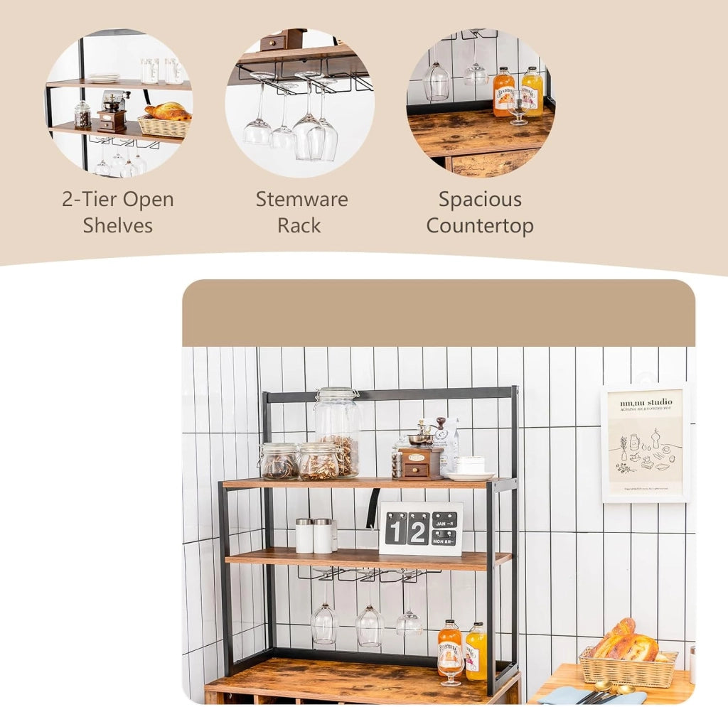 Credenza da Cucina per Vino, Mobile Bar con Ripiani a 3 Livelli, 18 Portabottiglie, Portabicchieri, Mobile Portabottiglie con Cassetto per Sala da Pranzo, Soggiorno, Marrone, 74 x 40 x 160cm