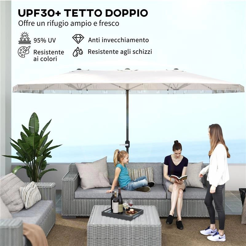 OMBRELLONE DOPPIO A 12 STECCHE CON MANOVELLA IN POLIESTERE E ACCIAIO 450X265X260 CM BIANCO CREMA