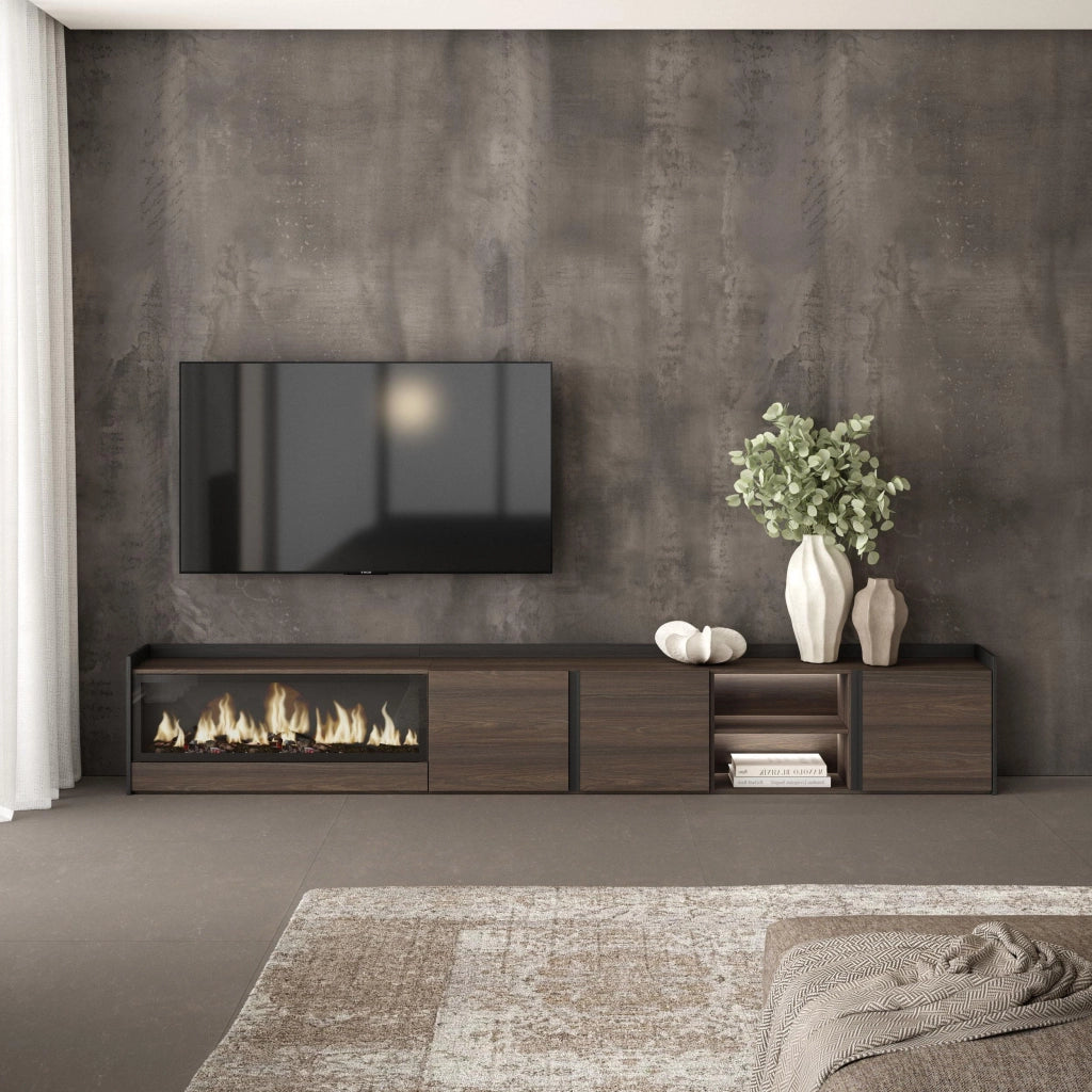 Mobile TV Soggiorno, 315x50x35 cm, Per TV fino a 80", Camino elettrico XXL, LED, Rovere scuro e Nero