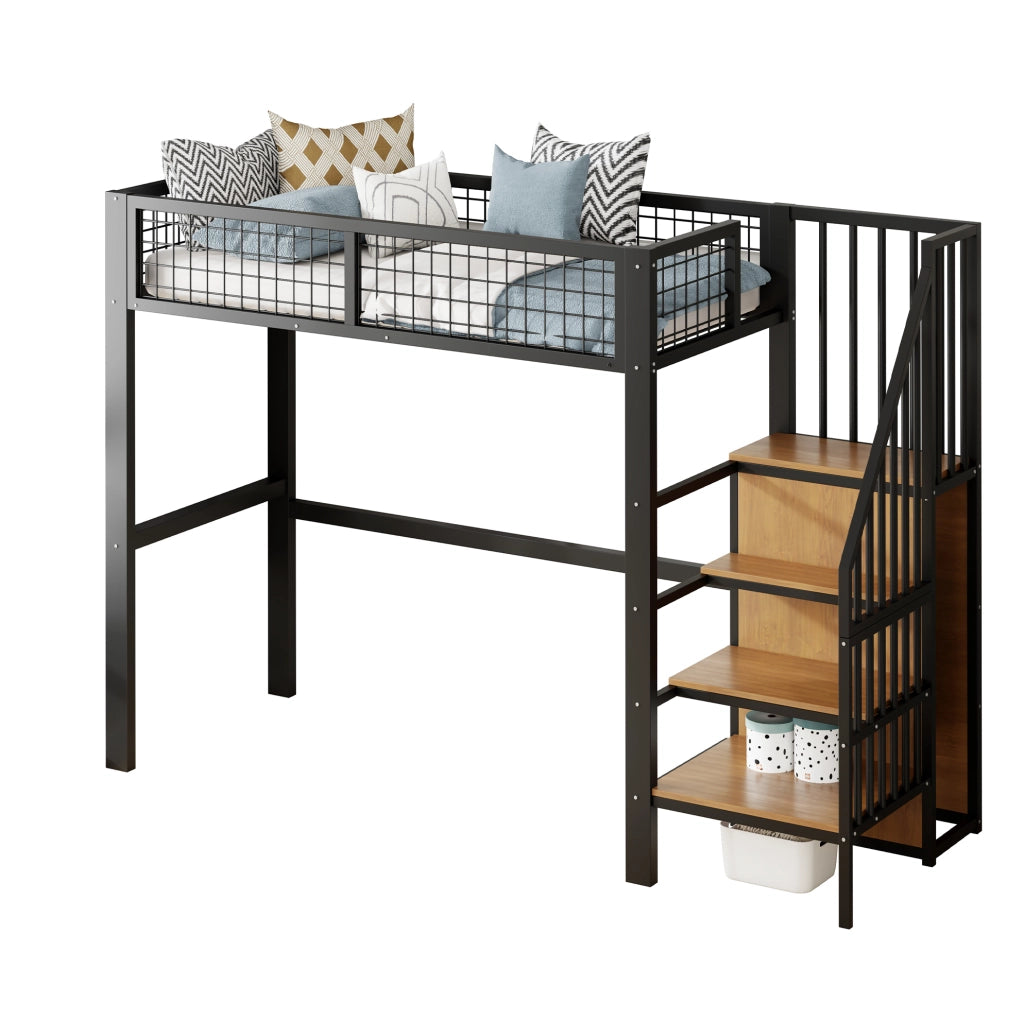 Letto a soppalco 90x200 cm con scala di sicurezza e armadio in metallo nero