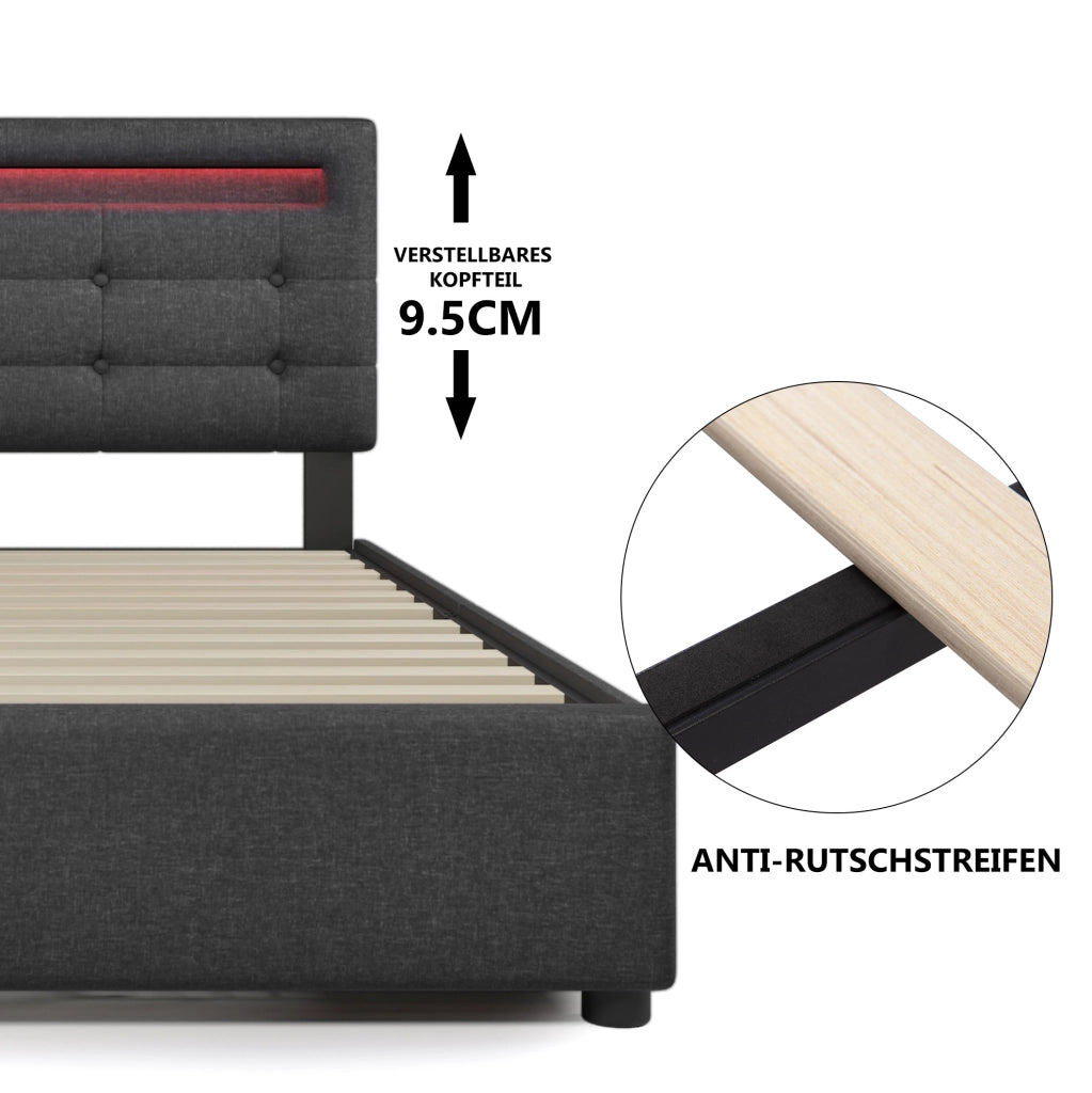 Letto singolo imbottito con LED e 2 cassetti; grigio; 90x200 cm