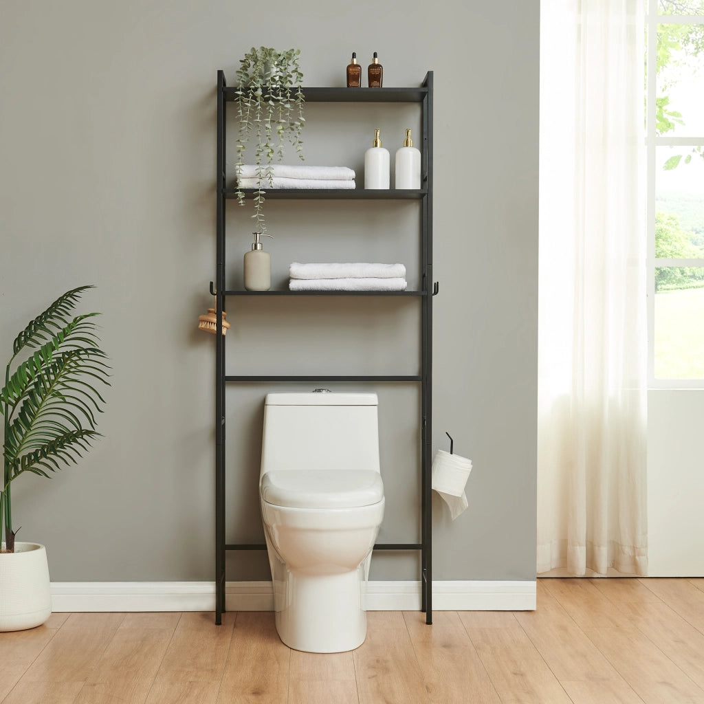 Scaffale Sopra WC Ljukhobro a 3 Ripiani Mensola da Bagno 164 x 64 x 20 cm - Nero [en.casa]