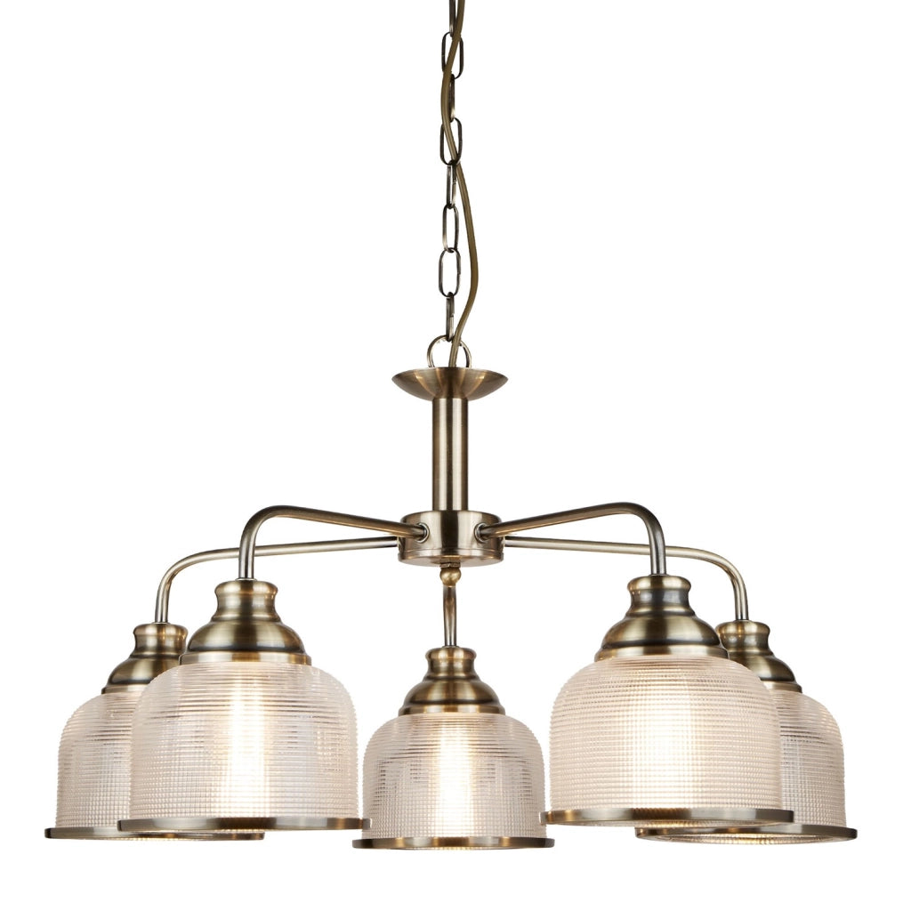 Lampadario Contemporaneo Bistrot Ii Acciaio Ottone Vetro Trasparente 5 Luci E27
