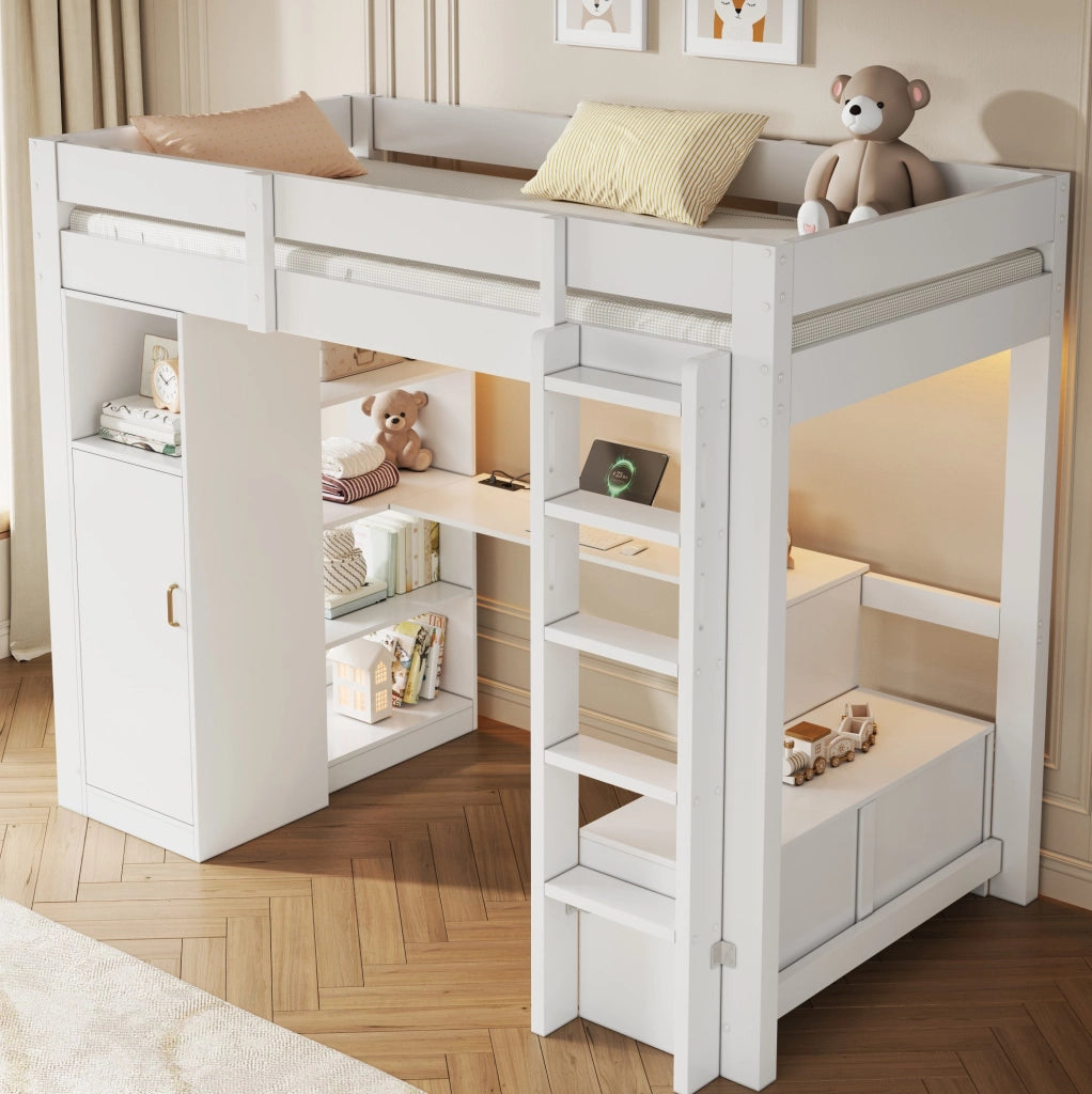 Letto a soppalco 90x200 cm con scrivania, armadio e LED in legno di pino e MDF bianco
