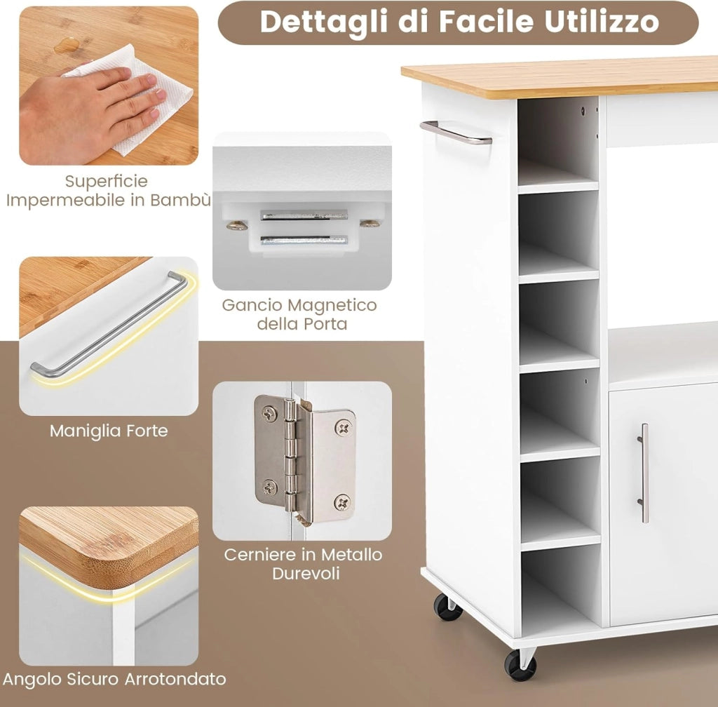 Carrello da Cucina con Ruote, Isola da Cucina con Scomparti Portabottiglie a 6 Scomparti, Portaspezie e Portasciugamani, 76x44x89 cm (Bianco)