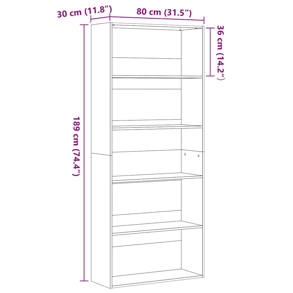 Libreria-Scaffale per Libri-Mobile di Stoccaggio Rovere Nera 80x30x189 cm in Legno Multistrato