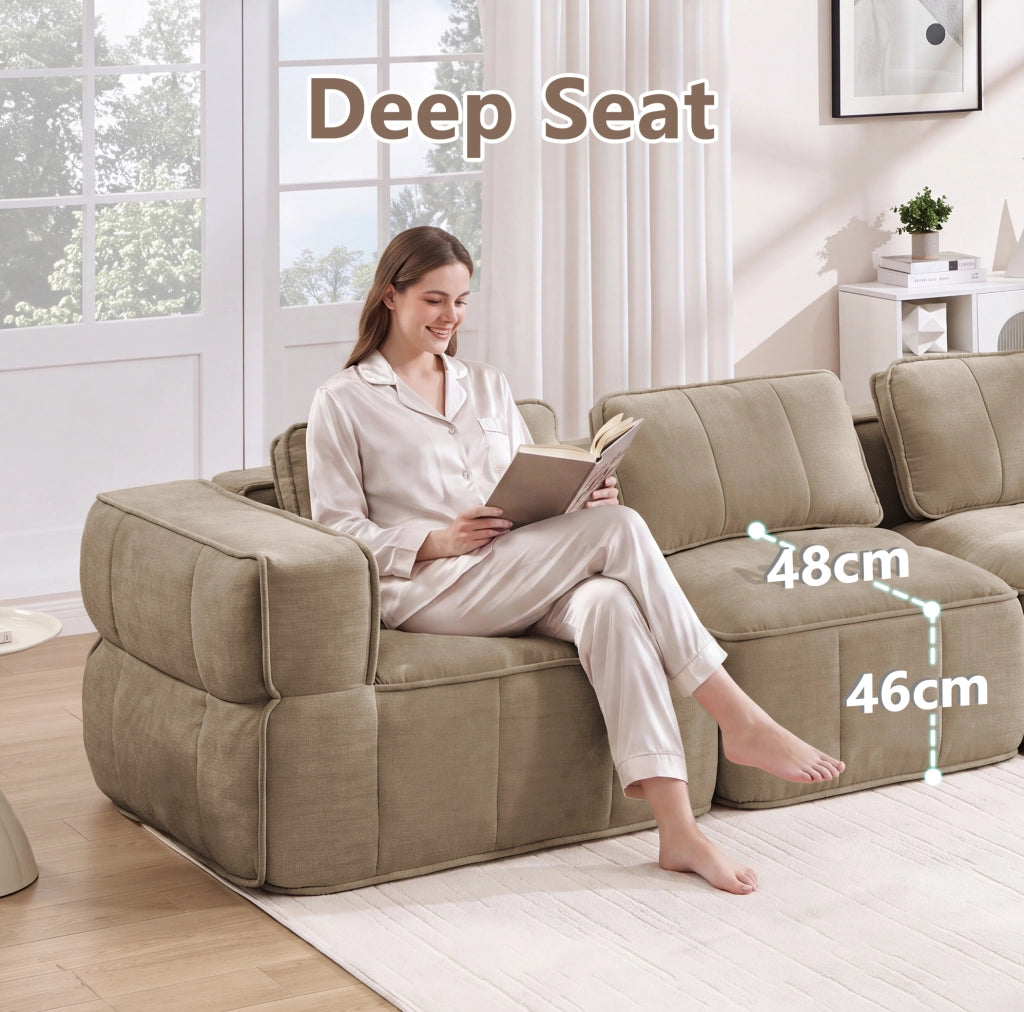 Divano modulare 2 posti con 2 pouf 198x162x67 cm in poliestere color sabbia