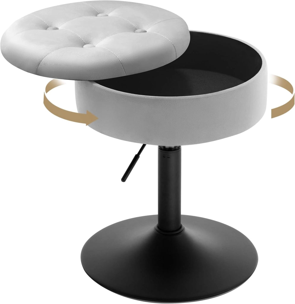 Sgabello da Trucco Girevole, Sedile Regolabile in Altezza, Sedia da Bar Rotondo con Contenitore, Pelle sintetica vintage, Base in Metallo, per Cucina, Soggiorno, Antracite, BH439an-1