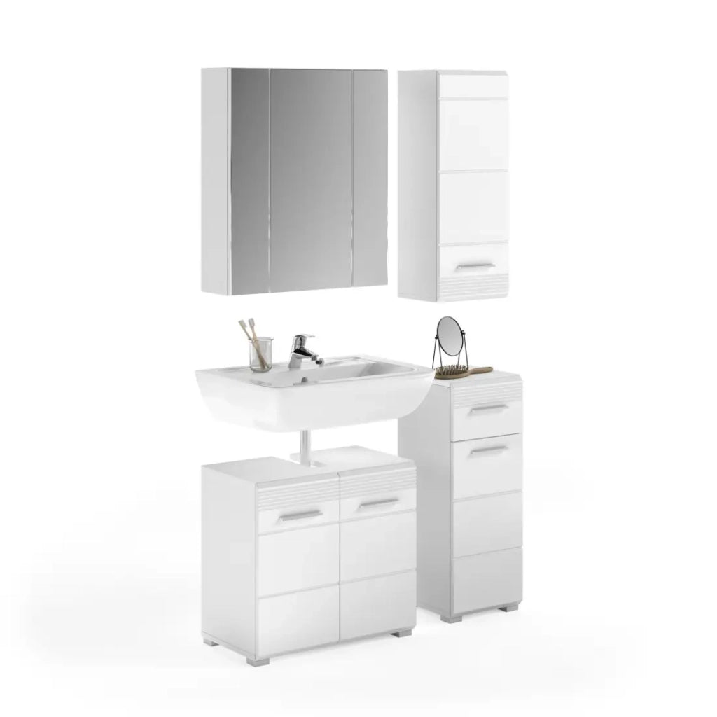 Set di mobili per il bagno: Mobile sottolavabo + 2 mezze colonne + Mobile contenitore con specchio - Bianco lucido - KLEA