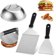 Set di griglia in acciaio inossidabile - 4 pezzi - inclusi: patty maker, spatola per griglia, spatola e patty holder - per gasgrill, teppanyaki e plancha