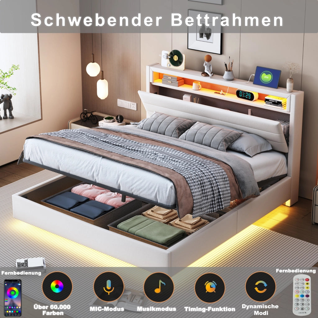 OKWISH Letto contenitore 140×200 cm, Letto Matrimoniale con Vano Contenitore, USB, LED Regolabile e Testiera Girevole, senza Materasso, Beige