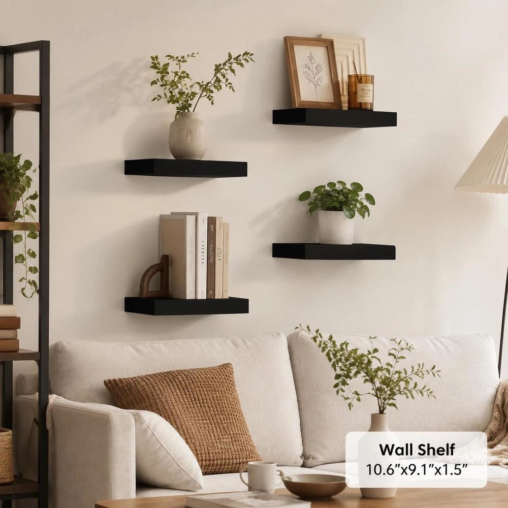 Floating Wall Shelves, 4 Pieces, Black, 23x23.5x3.8cm, MDF