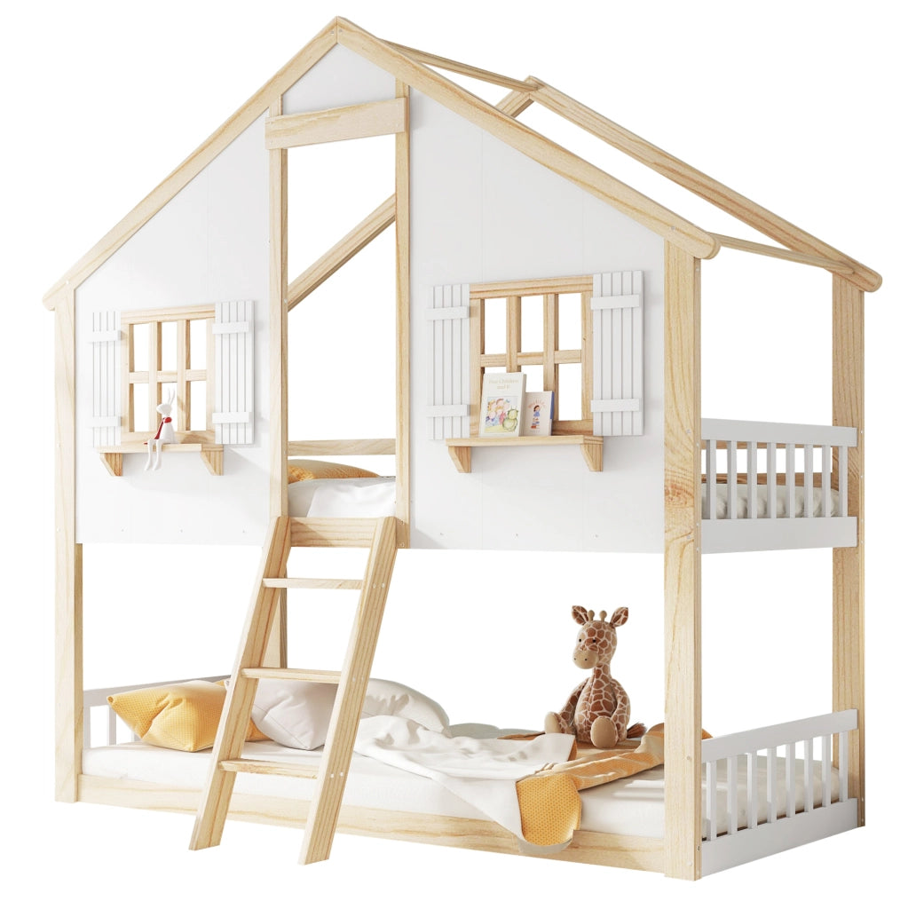 Letto a castello 90x200 cm con scala inclinata; finestre e tetto in pino e MDF bianco naturale