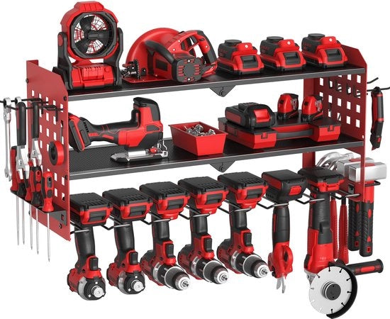 Supporto per strumenti a parete a 3 livelli, ripostiglio per strumenti di 7 pezzi, supporto per strumenti per garage, officina, dimensioni 64 * 20 * 31cm (Rosso)