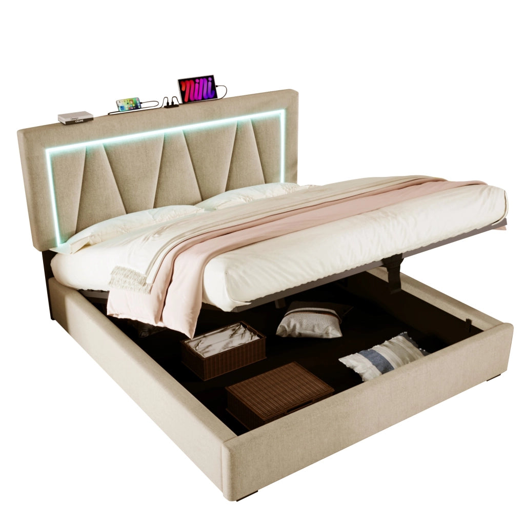 Letti contenitori 160x200 cm con LED e USB; lino beige; contenitore (Senza materasso)