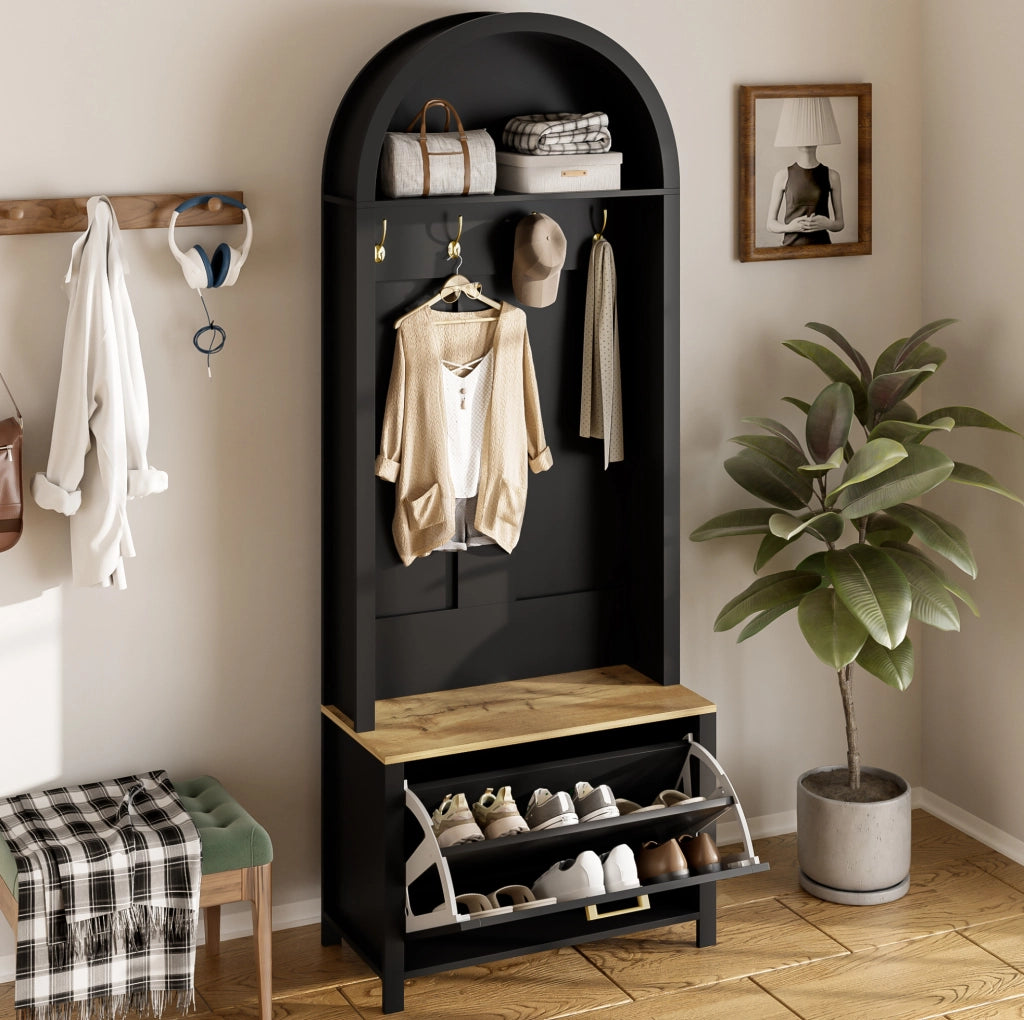 Garderobiera multifunzione con scarpiera; ganci e ripiano 195x75x35 cm; MDF nero e legno