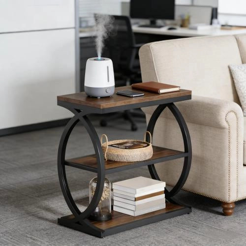 Tavolino basso fisso industriale farmhouse con 3 ripiani aperti in metallo e legno nero e marrone rustico 60 cm