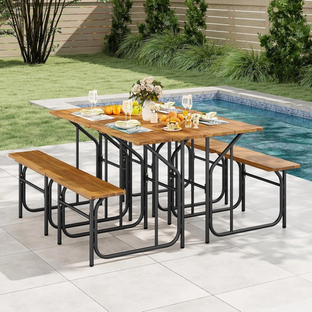 Panca da tavolo da picnic mezza per 1 persone, set tavolo da pranzo e panca in legno di acacia con struttura in metallo robusta, per patio, veranda, giardino, cortile posteriore