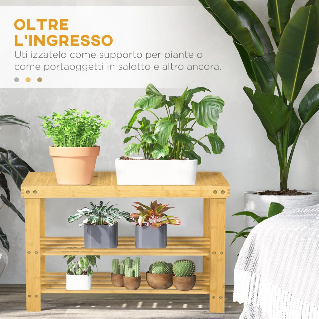Panca Scarpiera in Bamb¨´ ¨C Xylo ¨C 2 Ripiani, Seduta 70x28x45 cm, Naturale