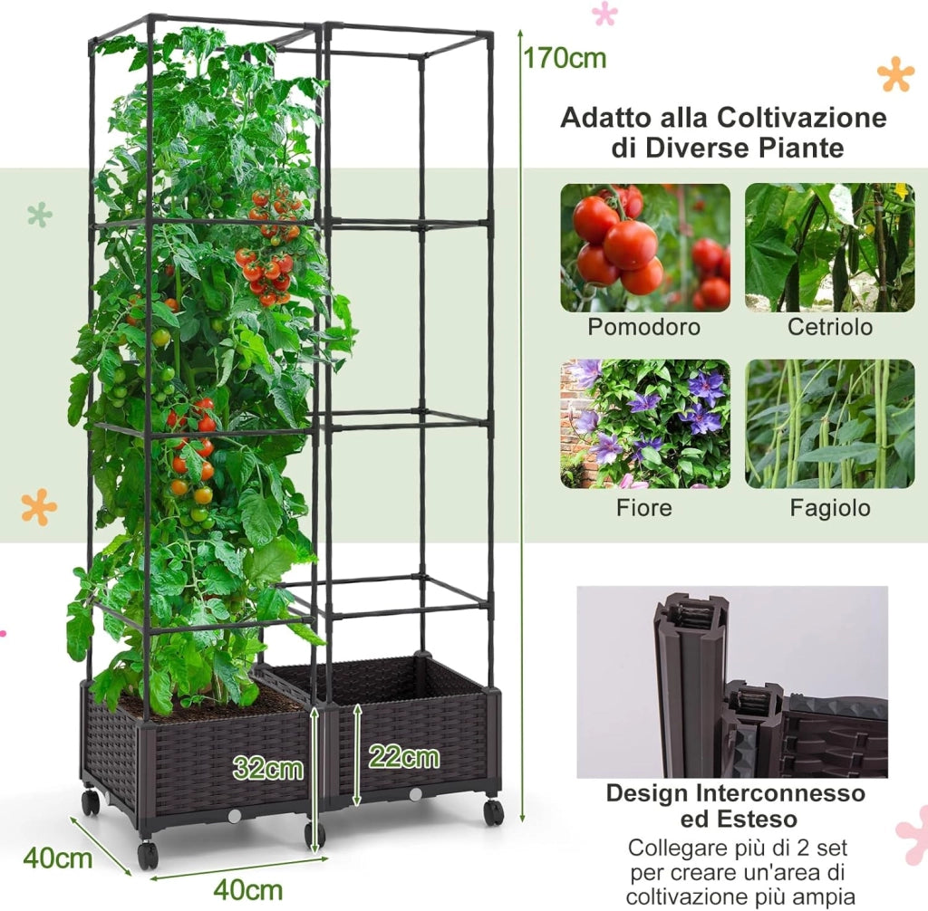 Fioriera con Grigliato per Piante Rampicanti, Letto Rialzato con Spalliera, Sistema di Auto-irrigazione, Altezza Regolabile e Ruote, Fioriera Verticale da Interno ed Esterno