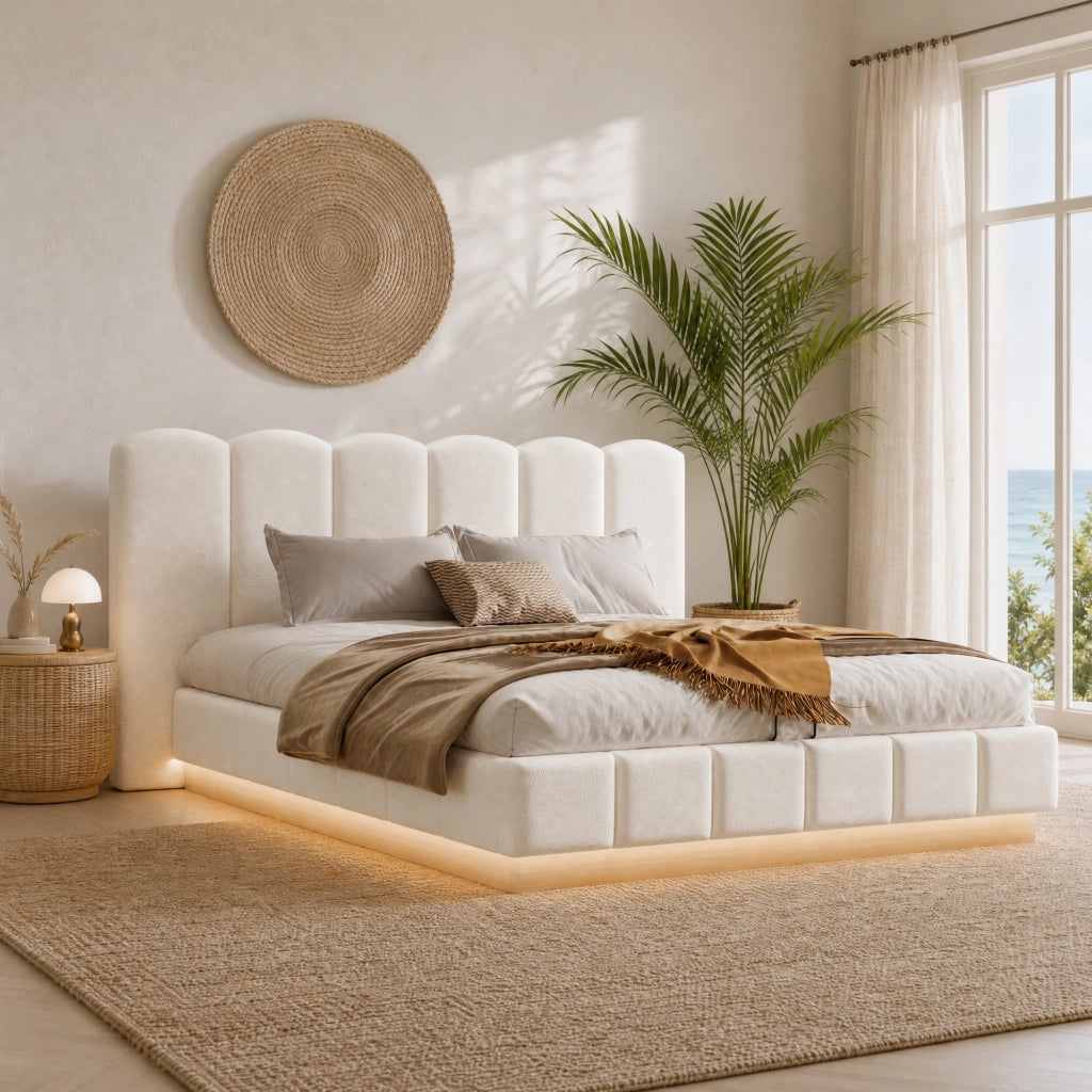 Letto matrimoniale 180x200 cm con contenitore idraulico, testiera imbottita, LED e rivestimento Bouclé bianco
