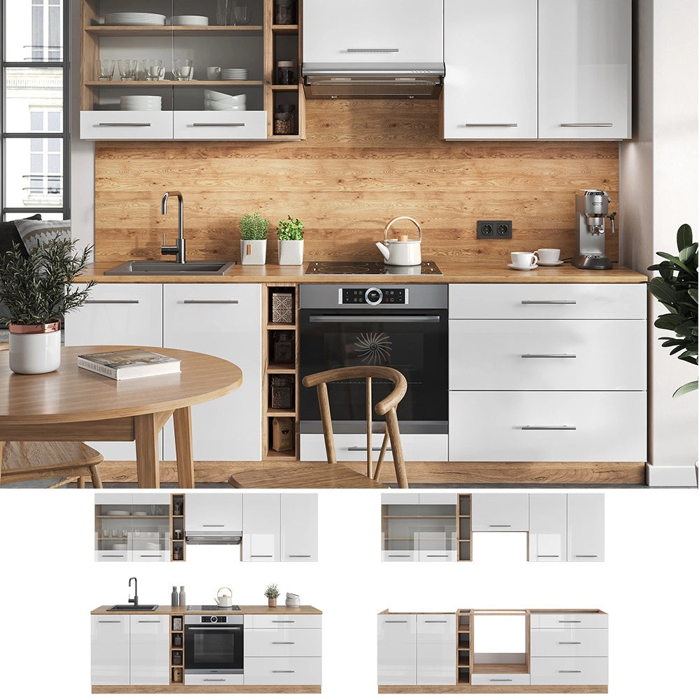 Cucina componibile Fame-Line Bianco lucido/Rovere dorato 235 cm, PL Marmo Vicco