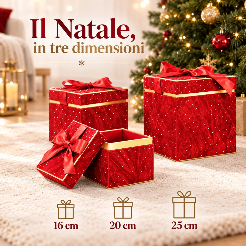 Set 3 Scatole Quadrate Decorazione Natalizia Rosso 16/20/25cm Scatola con Fiocco
