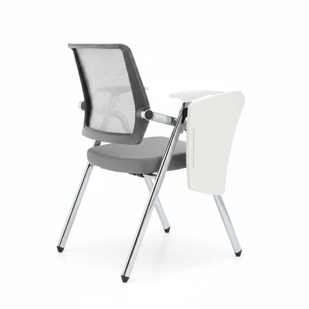 Sedia ufficio Loreto con tavolino ribaltabile schienale in rete grigio e gambe acciaio cromato