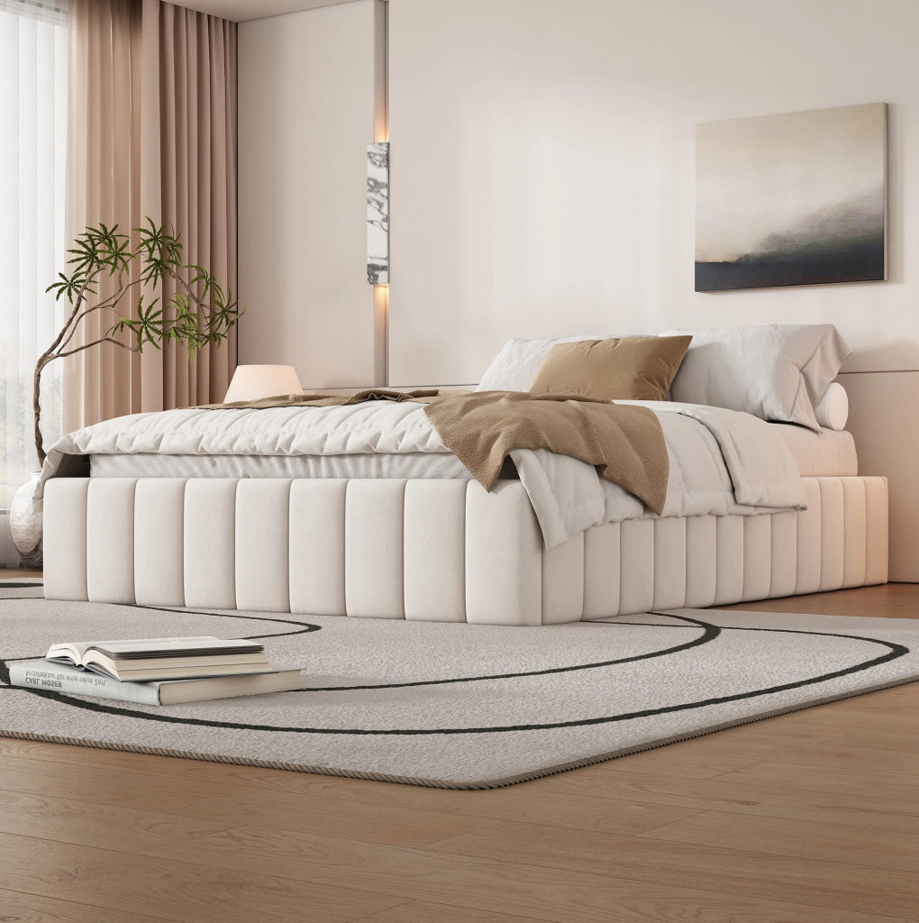 Letto imbottito 140x200 cm con 4 cassetti; senza testiera; velluto beige (Senza materasso)