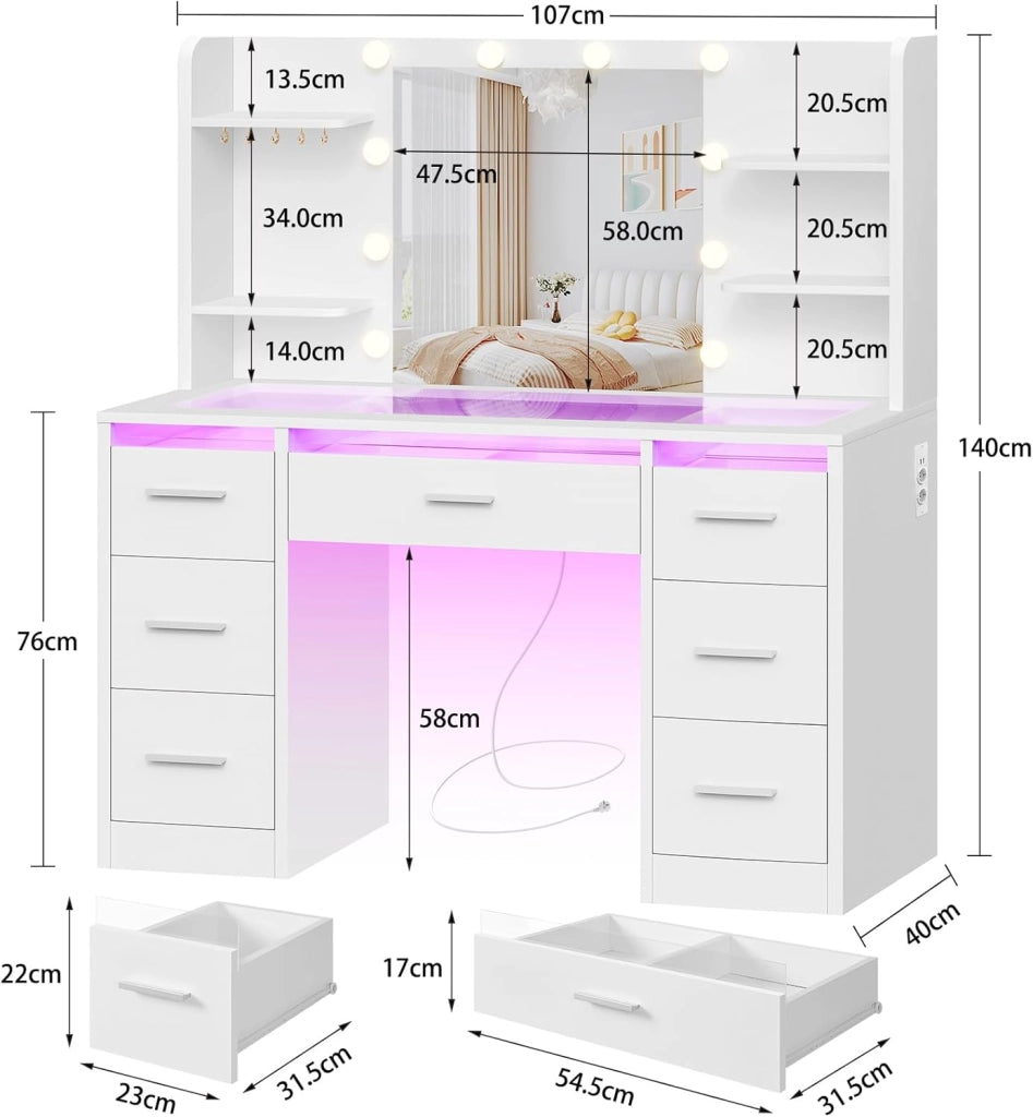 Toeletta Trucco con Luci, Led Regolabili, 3 Colori Regolabili, Toletta con Grande Specchio,Presa,Bianco,Piano in Vetro+RGB,7 Cassetti,4 Ripiani, 5 Ganci per Gioielli per la Camera da Letto