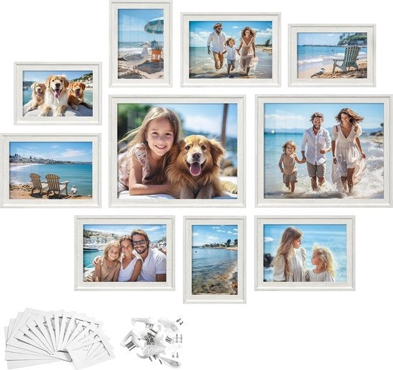 Raccoglitori di Foto, Set di 10, Raccoglitori di Foto Multi-Immagine, Decorazione per Parete, Inclusi Due 8x10, Quattro 5x7, Quattro 4x6 Raccoglitori, MDF e Vetro, Regalo, Bianco Rustico