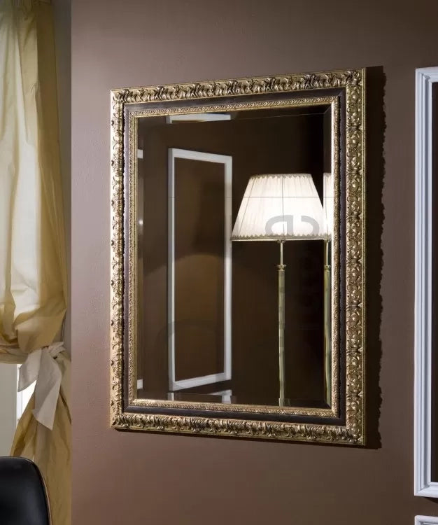 Specchiera in foglia oro con particolari noce rettangolare 66 x 86 x 3,5