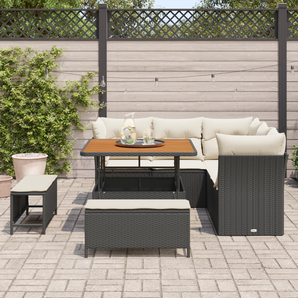 Set Divano da Giardino da 8 Pezzi con Cuscini Nero Polyrattan Acacia
