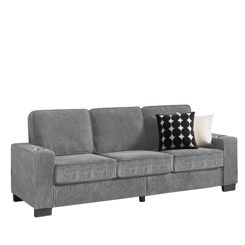Divano lineare 3 posti con portabicchieri integrati e comfort ergonomico in corduroy grigio