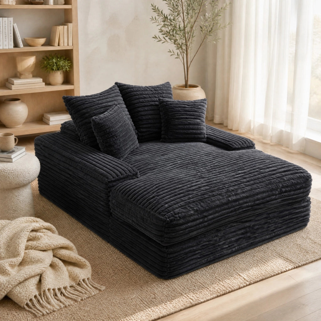 Chaise longue con 4 cuscini sfoderabili; schienale ergonomico e braccioli ampi in velluto a coste grigio