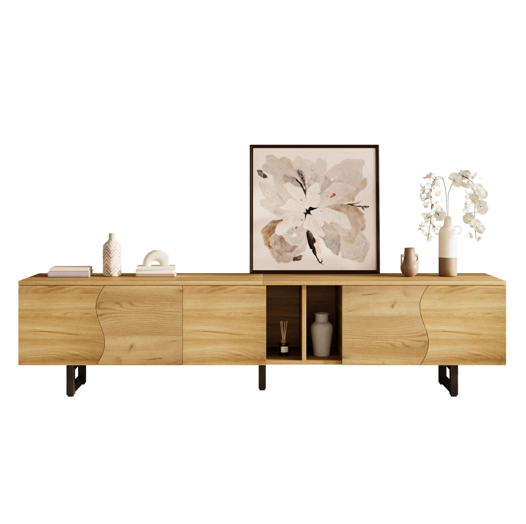 Mobile TV 191x38x46.5 cm con ante curve e ripiani aperti in MDF e pannelli di particelle naturale