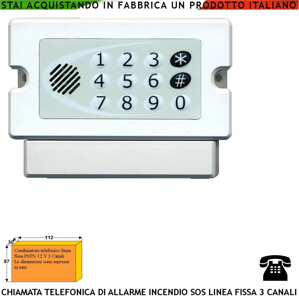 Chiamata Telefonica Soccorso Sintesi Vocale Combinatore PSTN 3 Canali Programmabili 3 Messaggi da 15” Senza Risposta Richiama 2/9 Volte Incorpora Microfono e Altoparlante Blocco Chiamate Aliment. 12 V