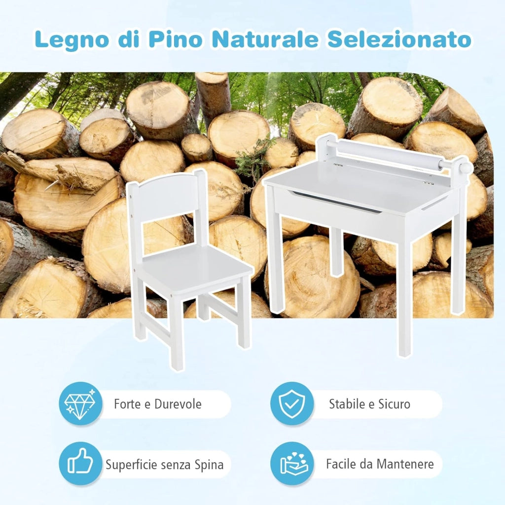 Set Tavolo e Sedia d’Arte per Bambini 3+ Anni, Scrivania in Legno di Pino da Disegno con Portarotolo, Piano Ribaltabile & Vano Portaoggetti, Rotolo di Carta 10m e 2 Pennarelli (Bianco)