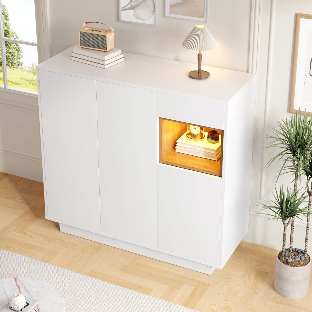 Mobile Scarpiera con 1 Cassetto e LED 16 Colori; Ripiani Regolabili; Stile Moderno; in Pannello Truciolare; Bianco e Naturale; 105??39;5??100;5 cm