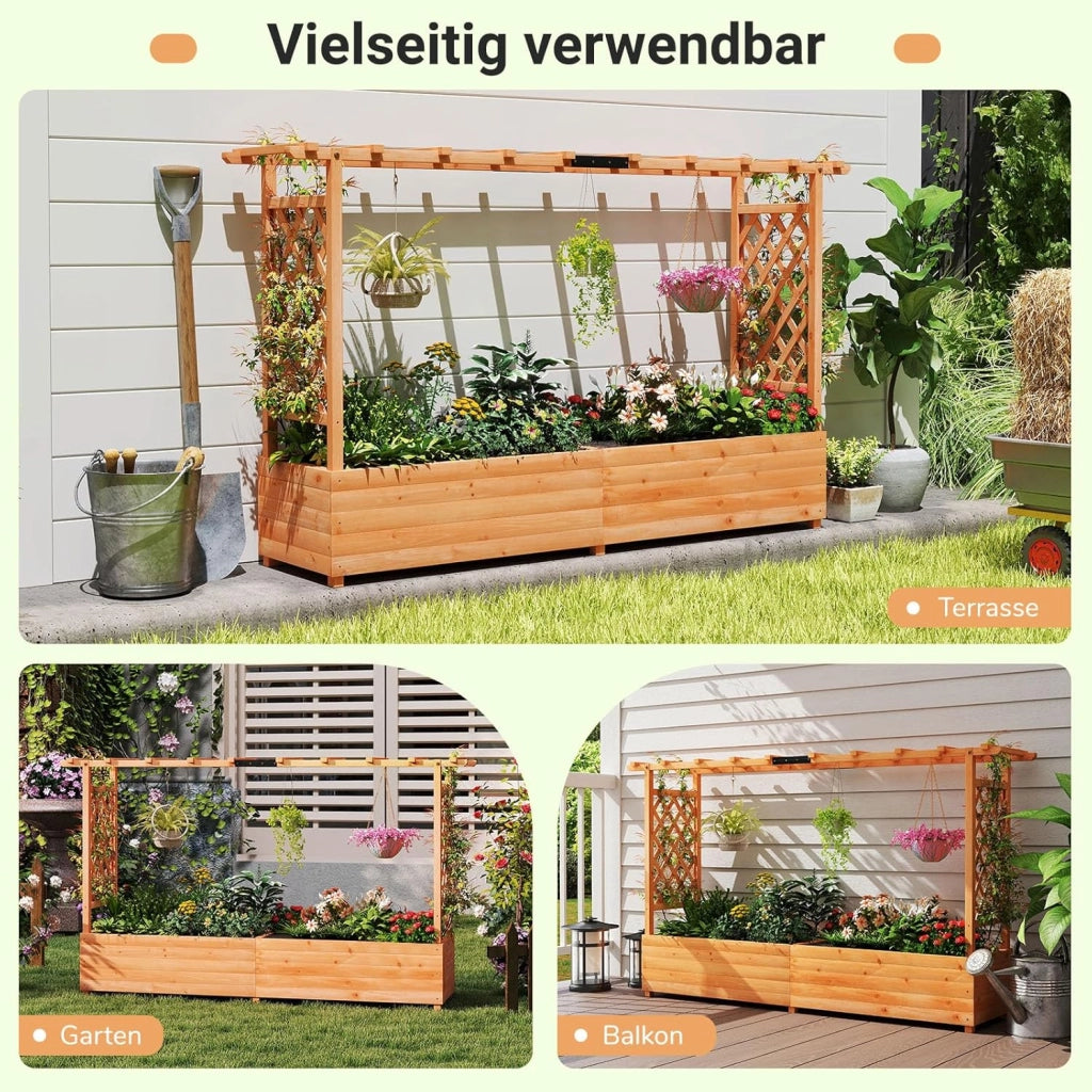 Fioriera rialzata con traliccio, 200 x 44 x 114 cm, fioriera con traliccio e tetto, aiuola rialzata per giardino, balcone, legno, per fiori, piante rampicanti e cesti sospesi, arancione