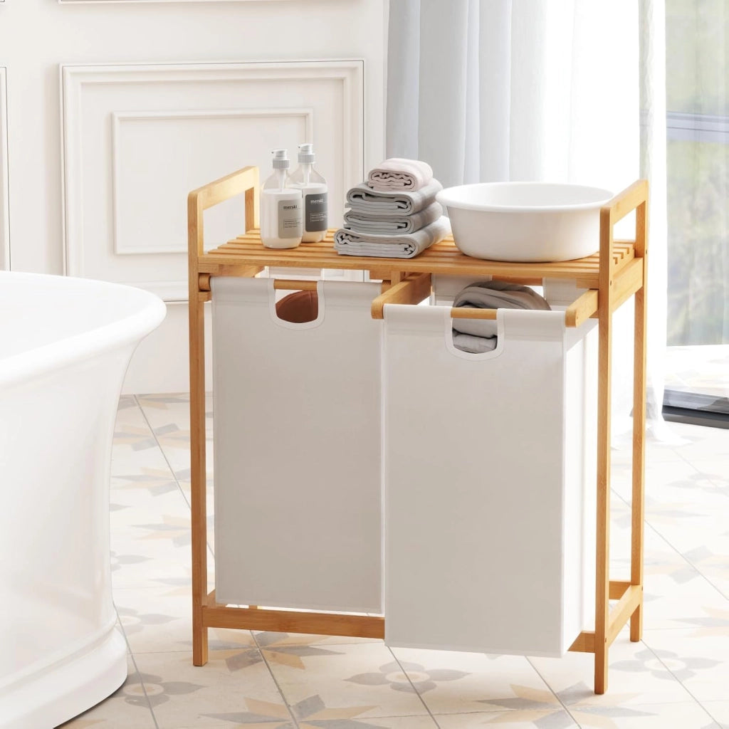Armadietto per la biancheria con 2 cesti per la biancheria, 2 scomparti e ripiano, in bambù, per il bagno, 64 x 33 x 73 cm (Bianco)