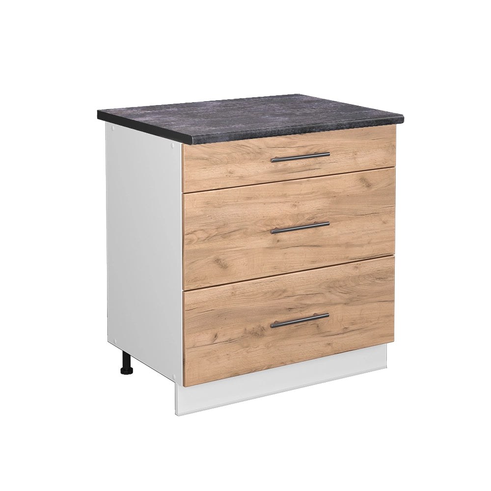 Mobiletto base per cucina Fame-Line Rovere dorato/Bianco 80 cm con 3 cassetti, PL Antracite Vicco