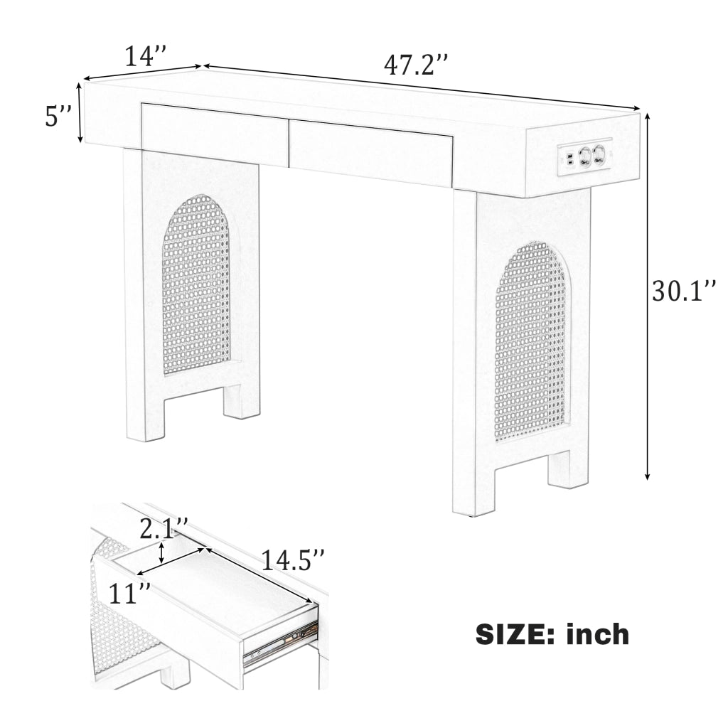 CONSOLA CON 2 CASSETTI 120x35,5x76,5 cm MDF Nera con prese USB e Type-C