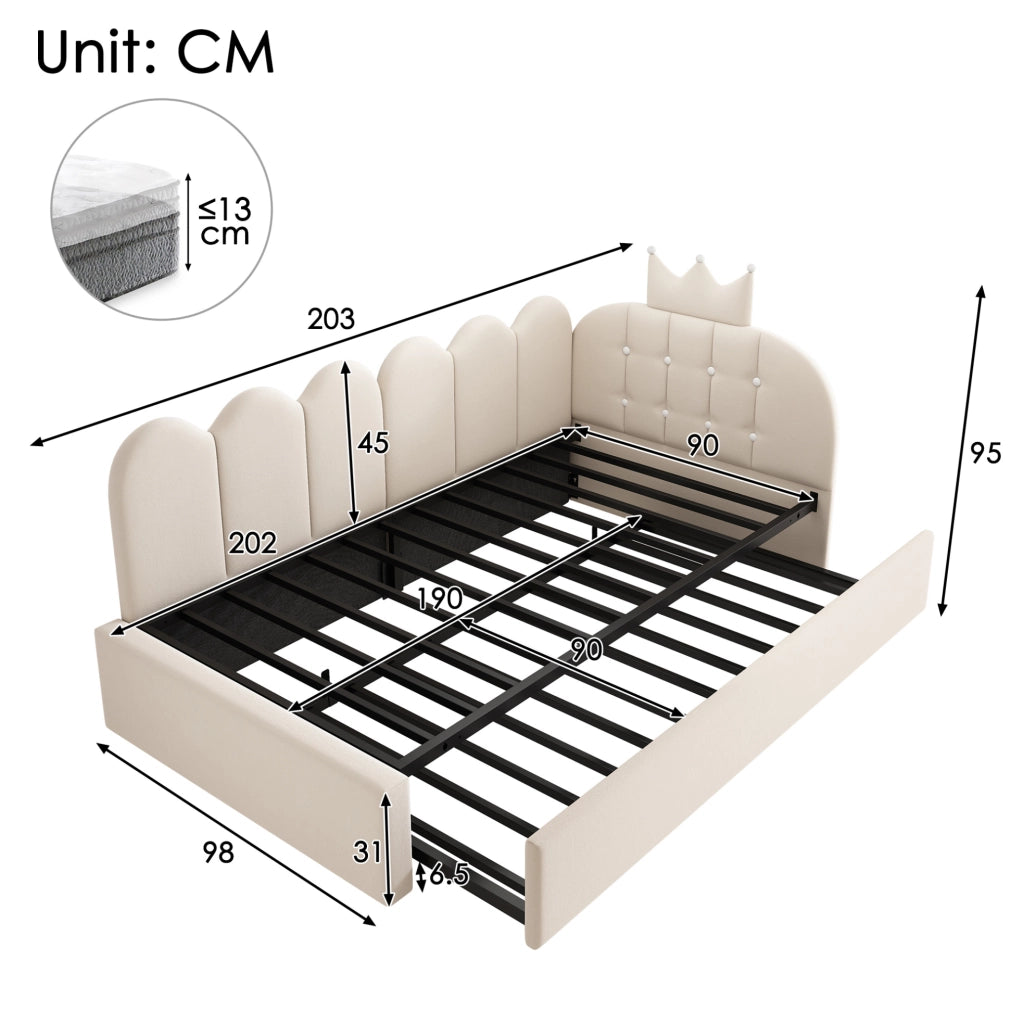 Letto estraibile 90x200 cm con letto inferiore 90x190 cm; velluto beige