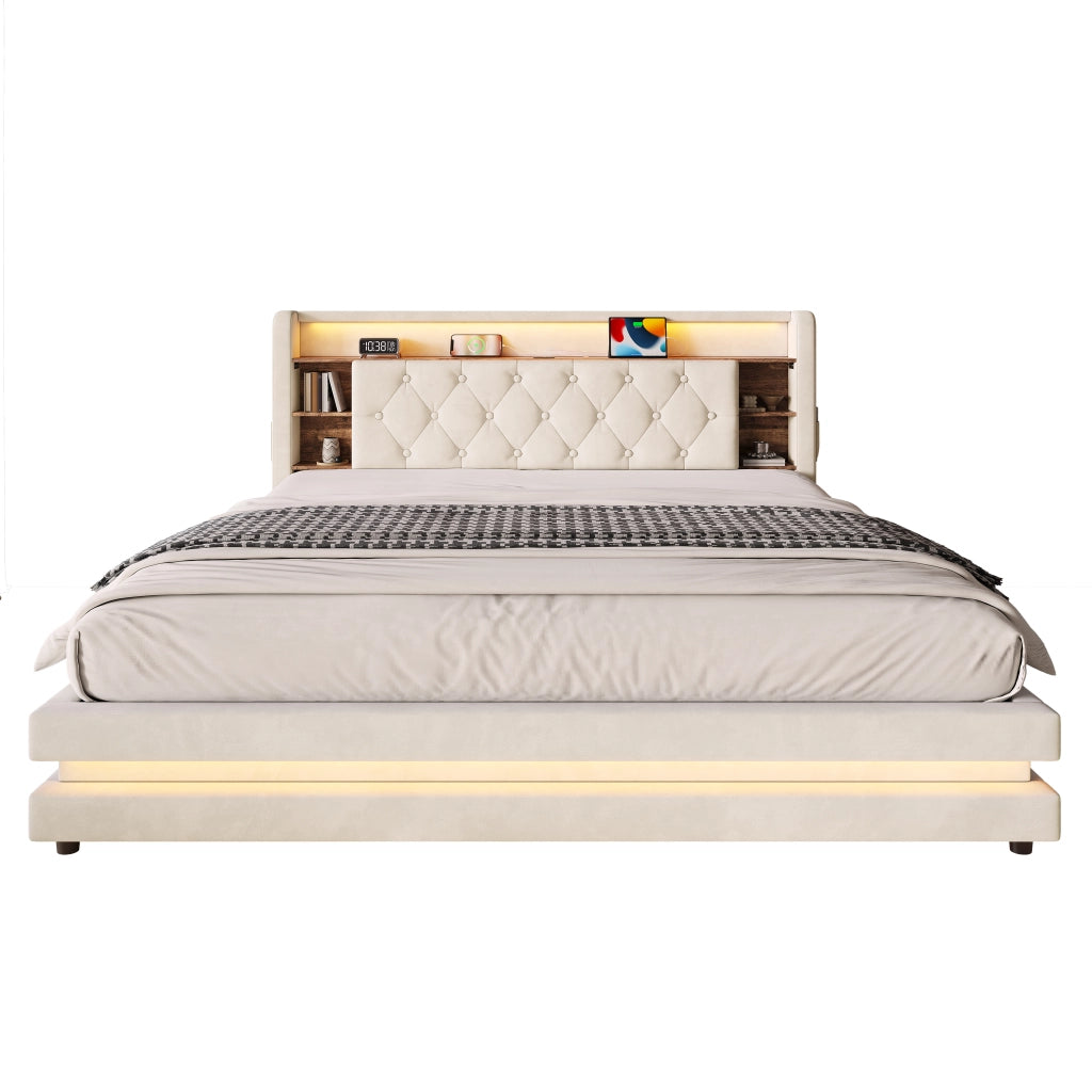 Letto contenitore imbottito 180x200 cm in velluto beige con testiera multifunzionale, LED, USB e tipo C