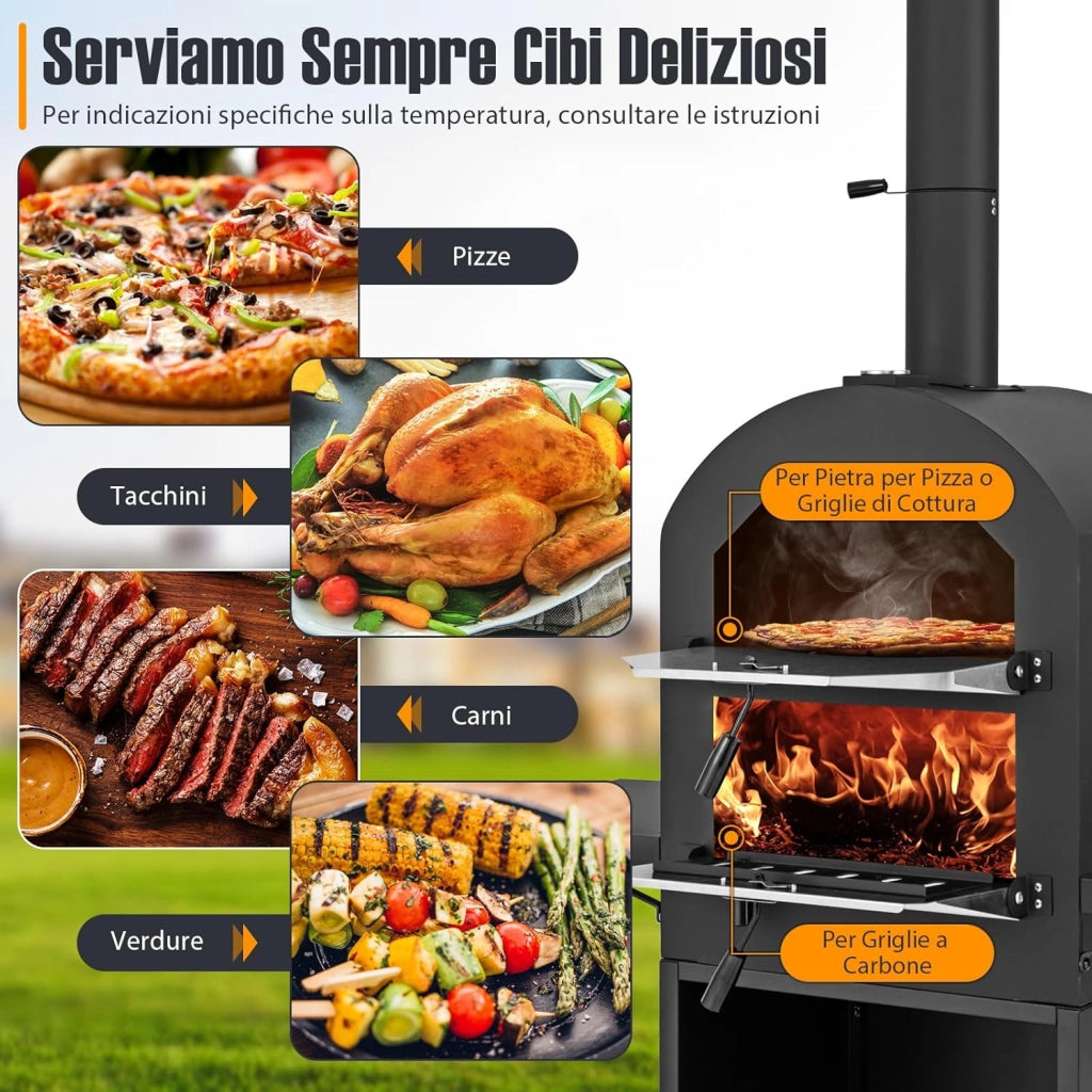 Forno per Pizza da Esterno con Ruote, Forno a Legna per Pizza con Copertura Protettiva, Pala per Pizza, Griglie e Termometro Integrato, per BBQ, Campeggio e Festa (Modello 1)