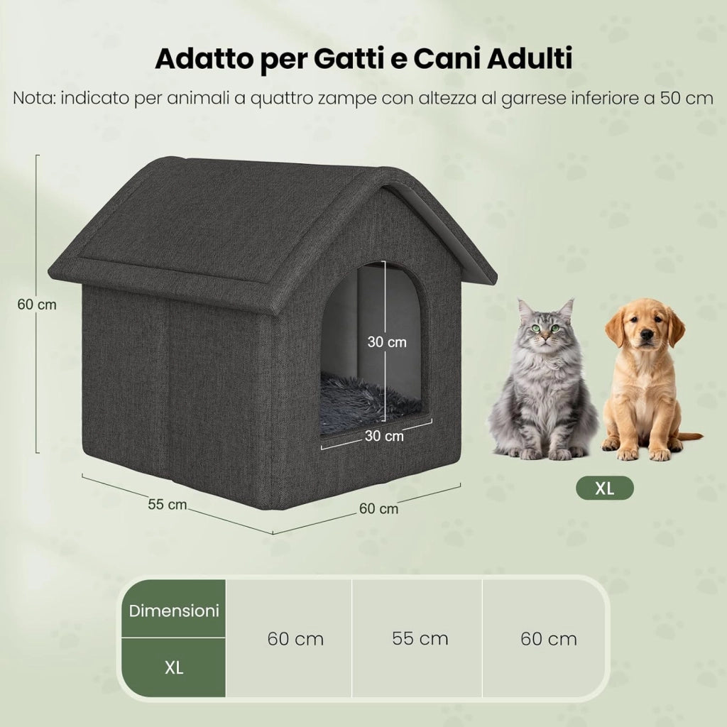 Cuccia per Gatti Cani,Casetta per Animali Domestici con Cuscino,Cuccia per Cani da Esterno Resistente all'inverno, Impermeabile e Resistente alle Intemperie per Animali Randagi 60x55x60cm