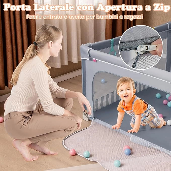 Box per Bambini 150 x 150 cm, Recinto per Bambini Pieghevole in Tessuto Oxford con Rete Traspirante, Box con Giochi che Include 50 Palline, 4 Pezzi Anelli e Borsa (Grigio, 150 x 150 cm)